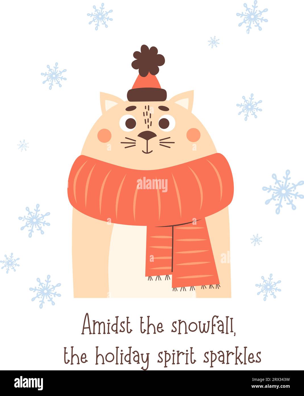 Glückliche Winterkatze. Lustiges Charaktertier in Strickschal und Mütze. Vektorillustration. Neujahrs- und Weihnachtsdesign, Weihnachtskarte, Dekor Stock Vektor