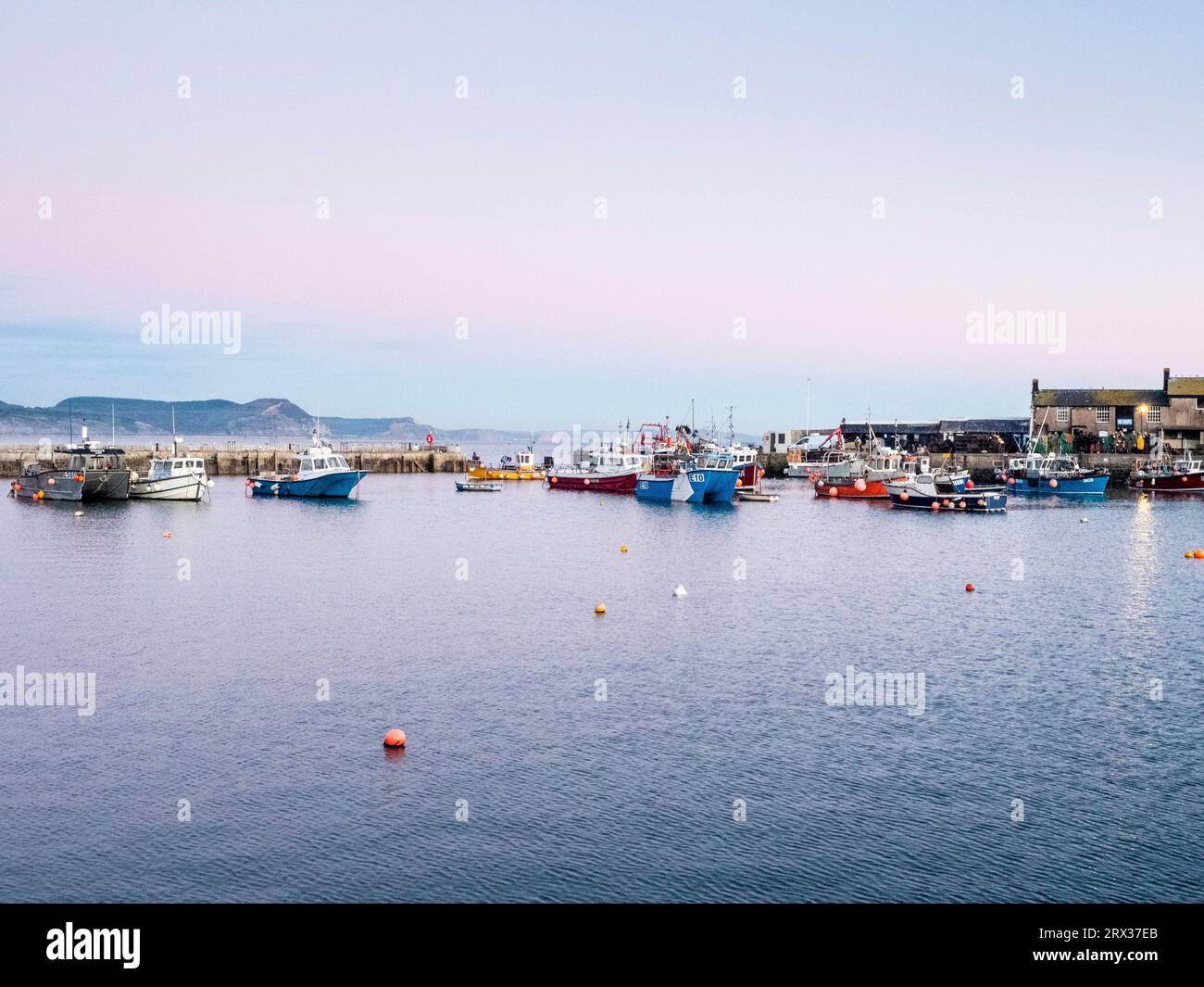 Abends mit angelegten Booten, Hafen, Lyme Regis, Dorset, England, Vereinigtes Königreich, Europa Stockfoto