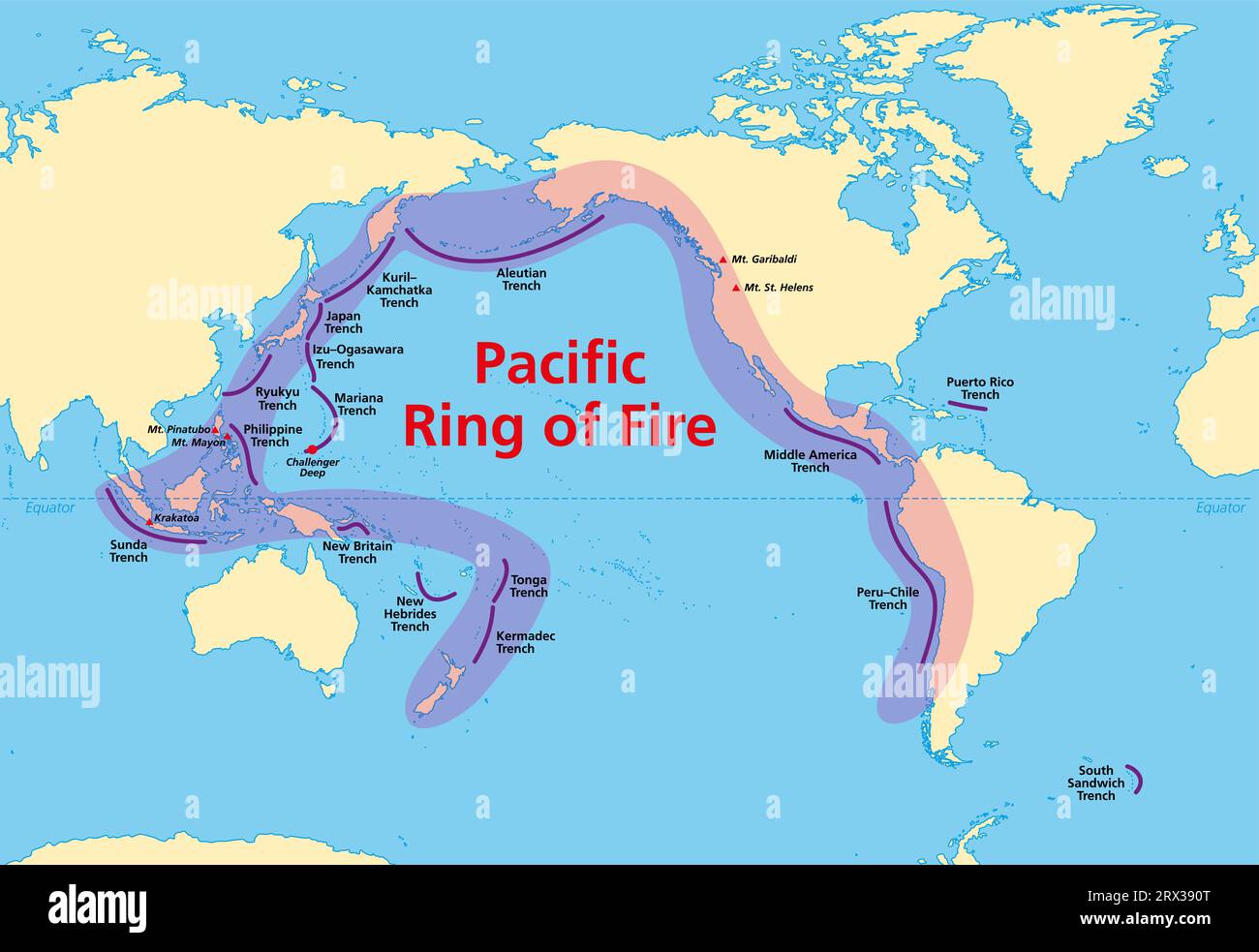 Pacific Ring of Fire, Karte mit ozeanischen Gräben. Auch bekannt als Rim of Fire und als Circum-Pacific Belt. Region um den Rand des Pazifischen Ozeans. Stockfoto