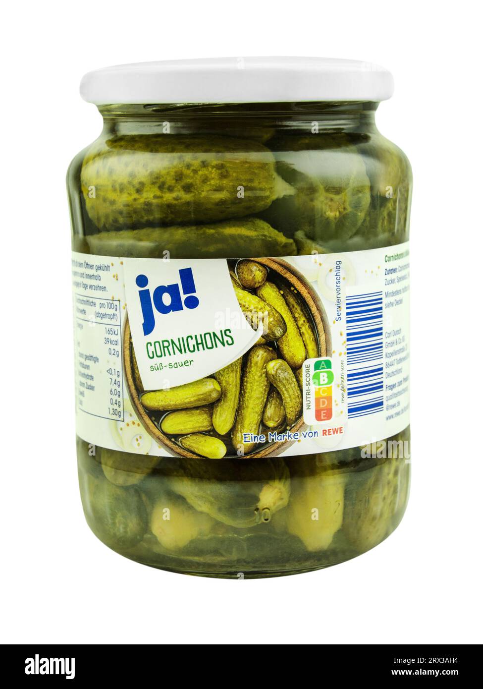 Hamburg, Deutschland - 18. September 2023: Eingelegte Cornichons REWE Marke ja Stockfoto