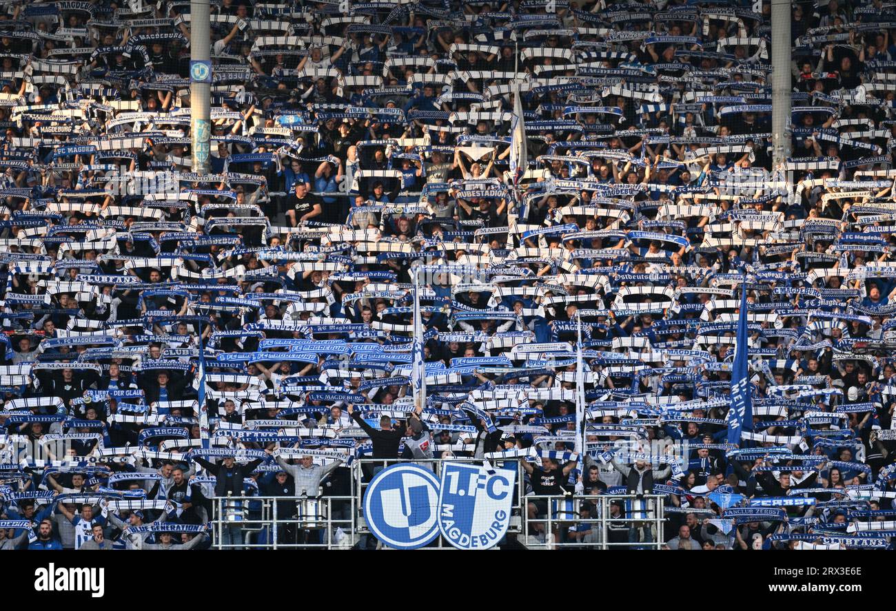 Magdeburg, Deutschland. September 2023. Fußball: 2. Bundesliga, 1. FC Magdeburg - SC Paderborn 07, 7. Spieltag, MDCC-Arena: Magdeburger Fans unterstützen ihr Team von der Tribüne aus. Kredit: Hendrik Schmidt/dpa - WICHTIGER HINWEIS: gemäß den Anforderungen der DFL Deutsche Fußball Liga und des DFB Deutscher Fußball-Bund ist es untersagt, im Stadion und/oder im Spiel aufgenommene Fotografien in Form von Sequenzbildern und/oder videoähnlichen Fotoserien zu nutzen oder nutzen zu lassen./dpa/Alamy Live News Stockfoto