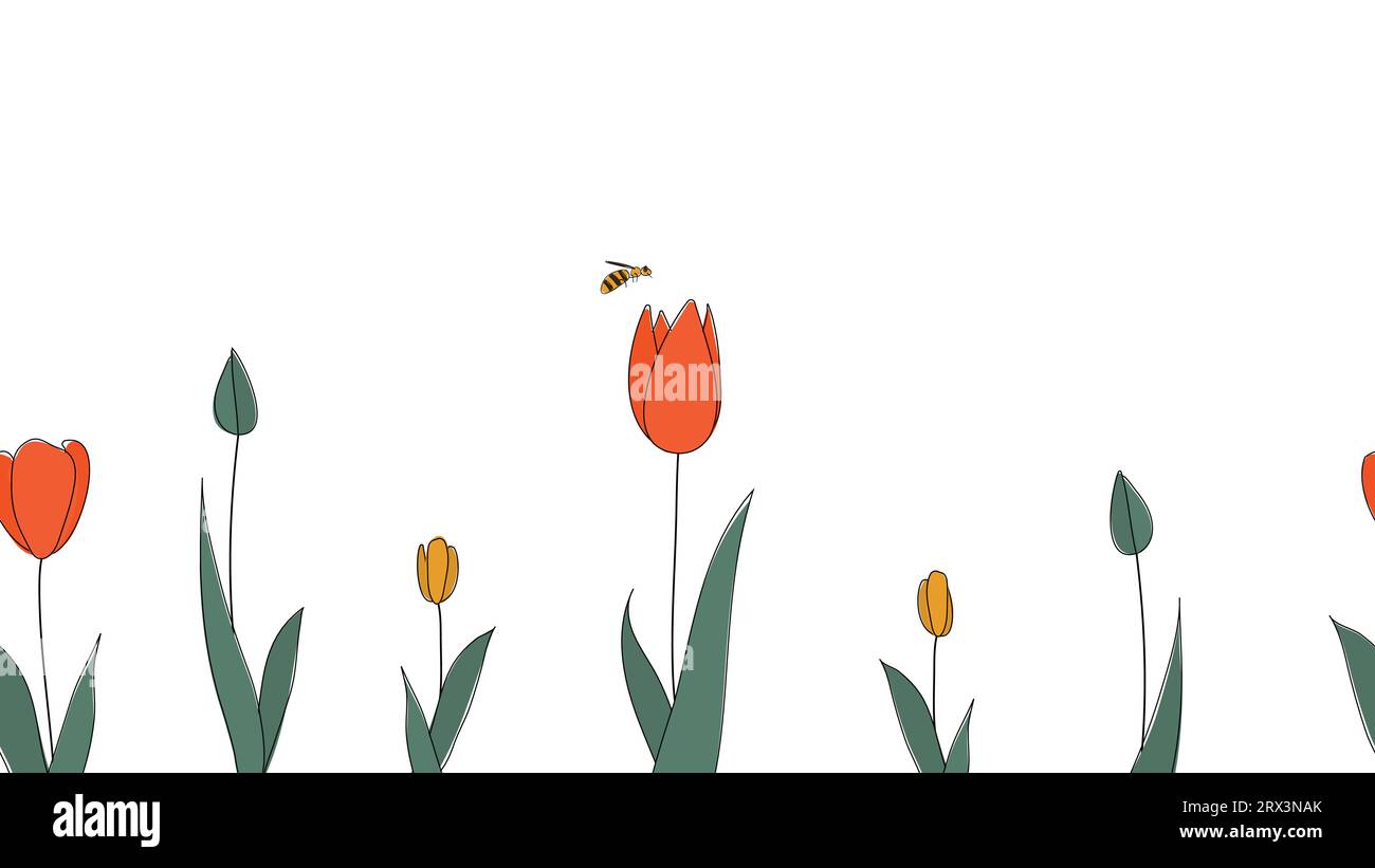 Nahtlose Grenze der Tulpen Hand gezeichnet in vereinfachte Kindercartoon naive Stil auf weißem Hintergrund.nette Biene fliegen über Blume.for Design der Website Stock Vektor