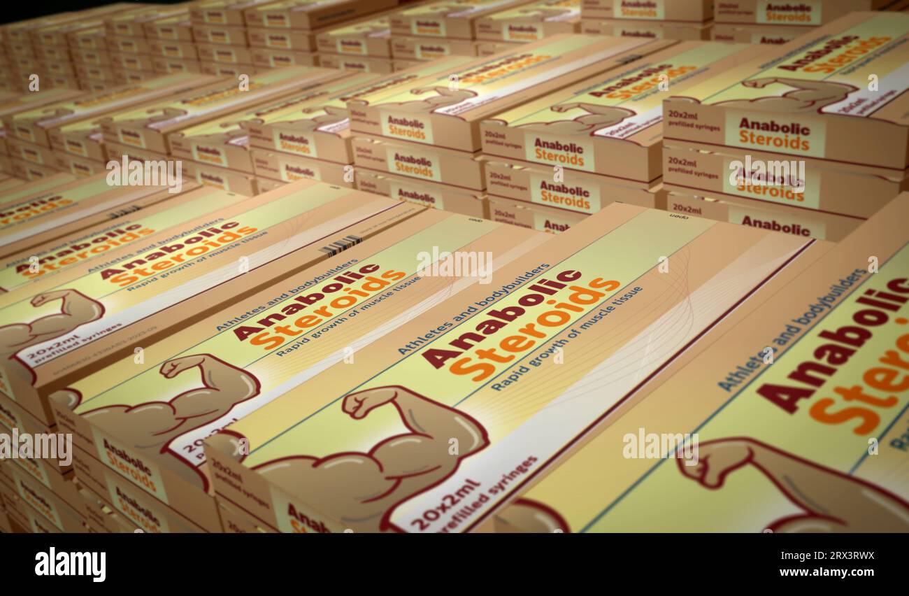 Anabolikum Steroide Tabletten Box Produktionslinie. Bodybuilding-Doping und Sportmuskelpillen Pack Factory. Abstraktes Konzept 3D-Rendering-Illustration. Stockfoto