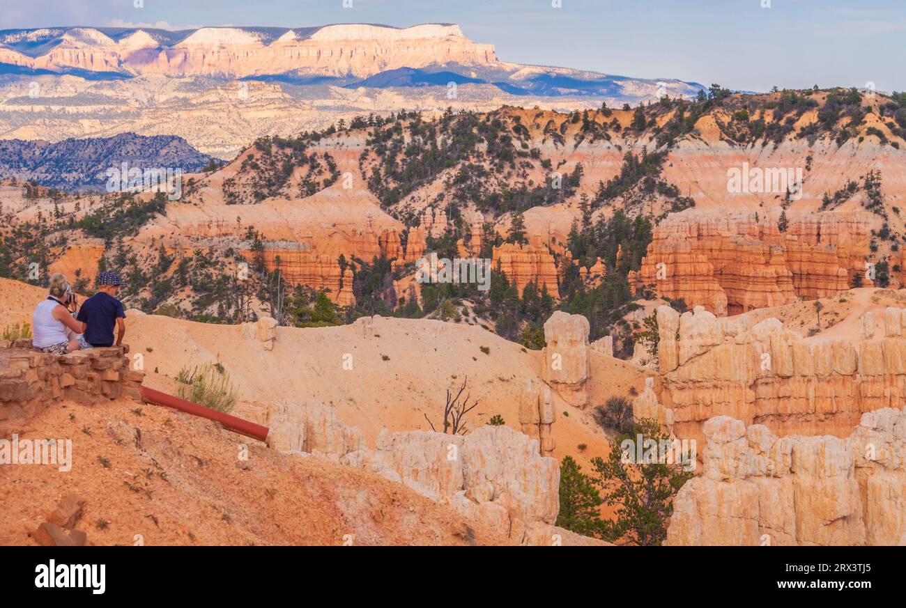 Abendlicht kurz vor Sonnenuntergang auf Hoodoos und Felsformationen im Märchenland Canyon im Bryce Canyon National Park in Utah... Stockfoto