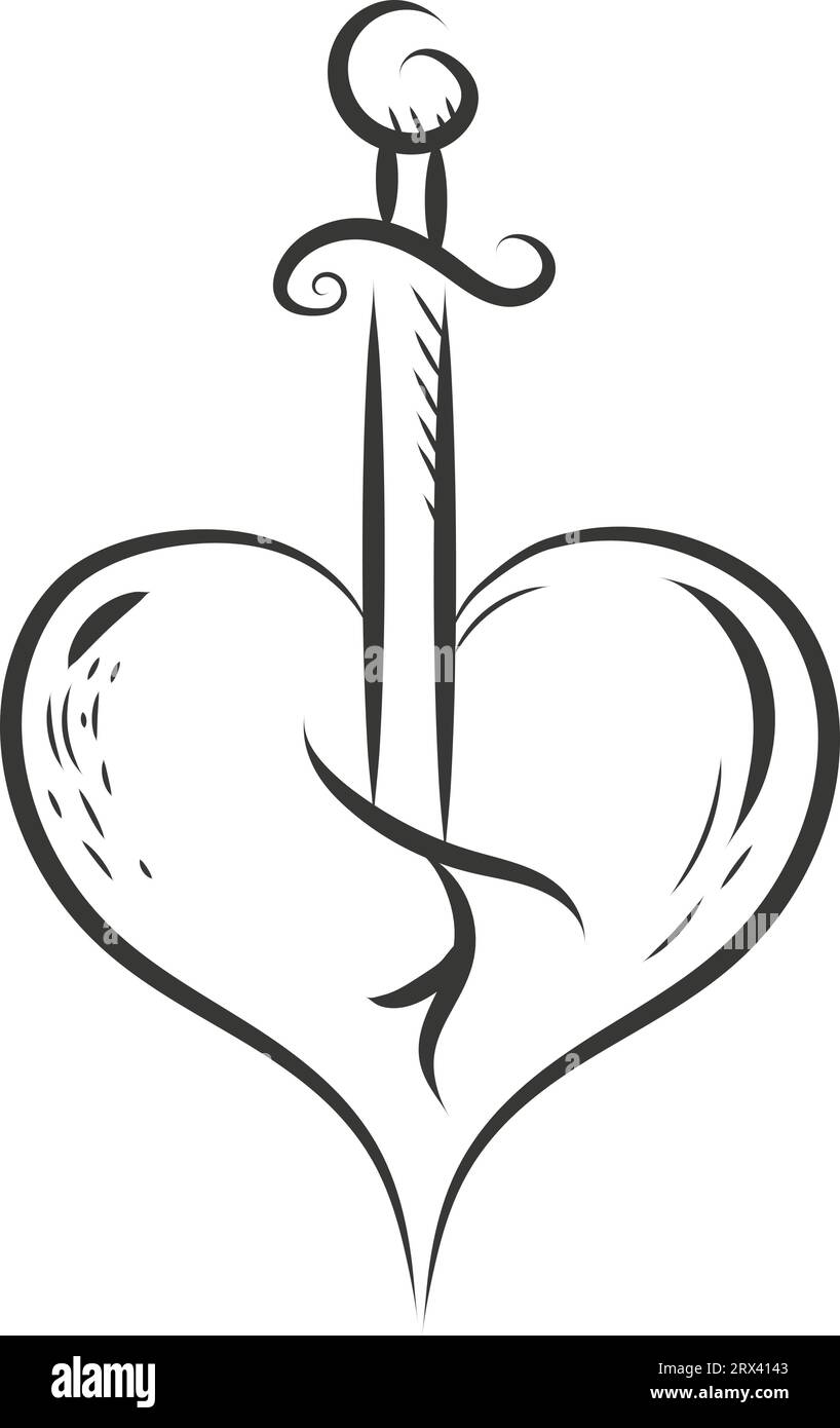 Schwert und Herz Tattoo , Illustration, Vektor auf weißem Hintergrund. Stock Vektor