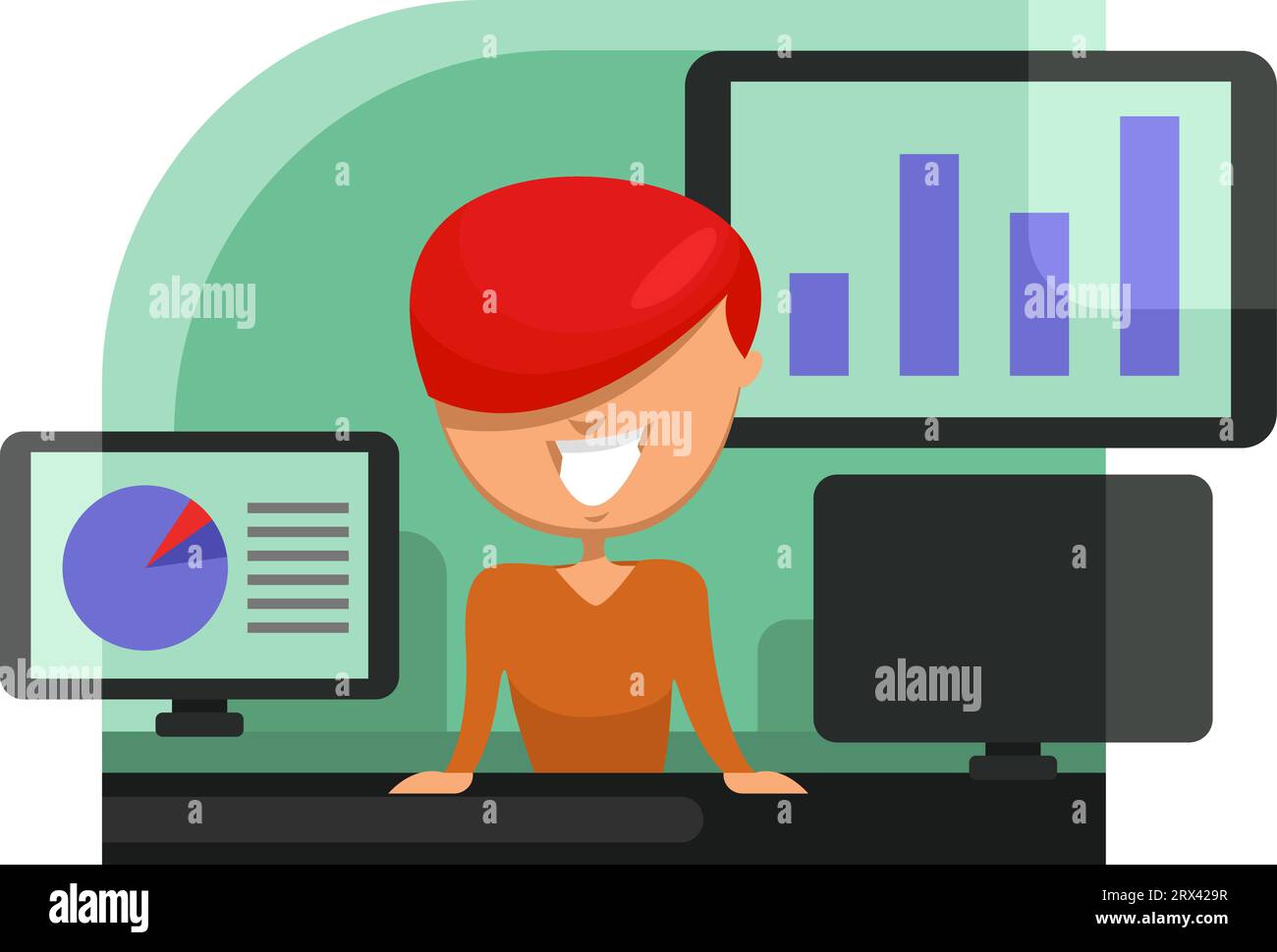 Dame am Arbeitsplatz, Illustration, Vektor auf weißem Hintergrund. Stock Vektor