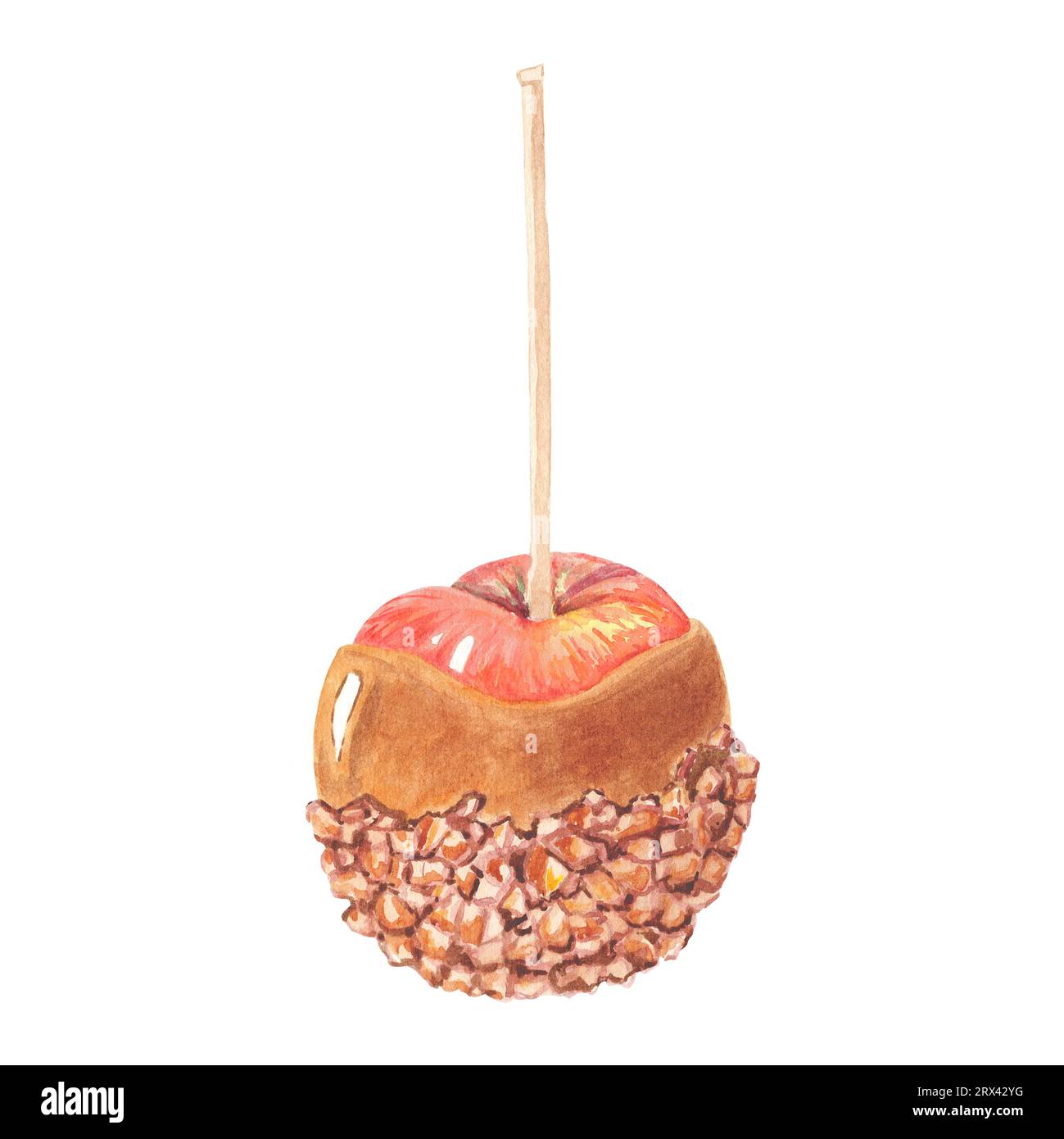 Aquarell roter Apfel in Schokolade Karamell und Nuss Topping isolierte Illustration auf weißem Hintergrund. Herbstfrucht für Logo, Menü, Poster, Muster. Kunst Stockfoto