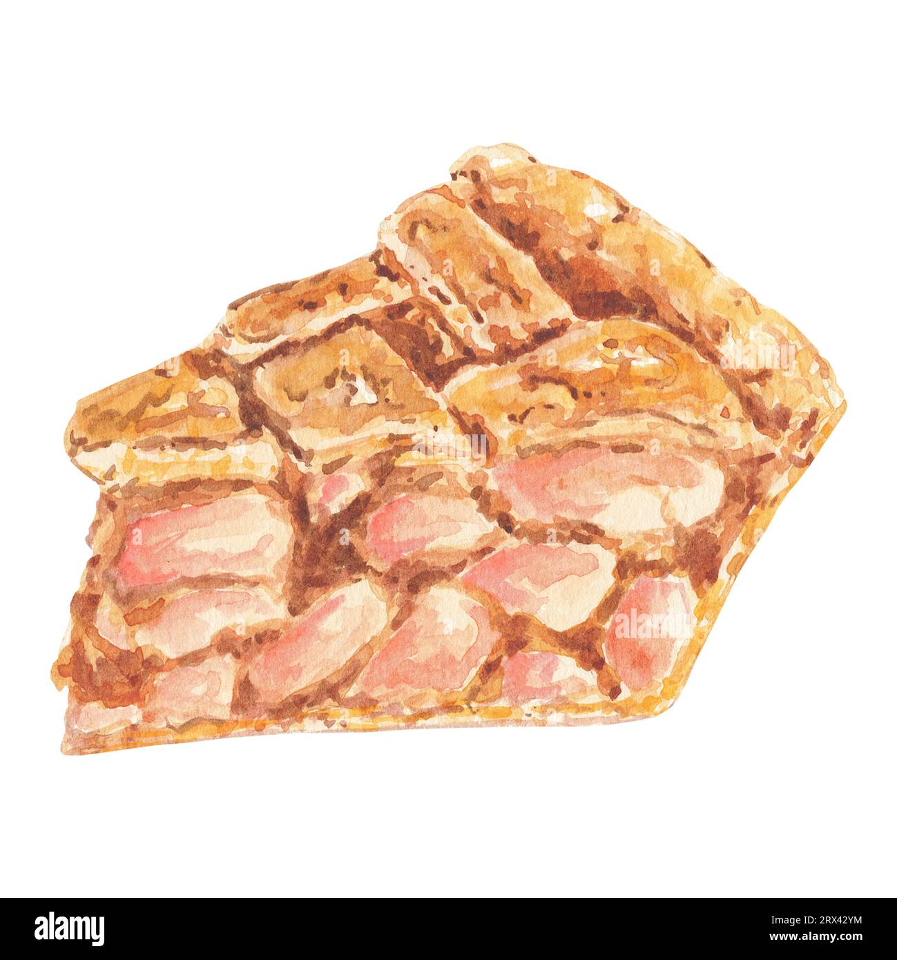 Aquarellapfelkuchen, Kuchen in Karamell und Nuss auf isolierter Illustration auf weißem Hintergrund. Herbstliches Dessert für Logo, Menü, Poster, Muster. Kunst Stockfoto