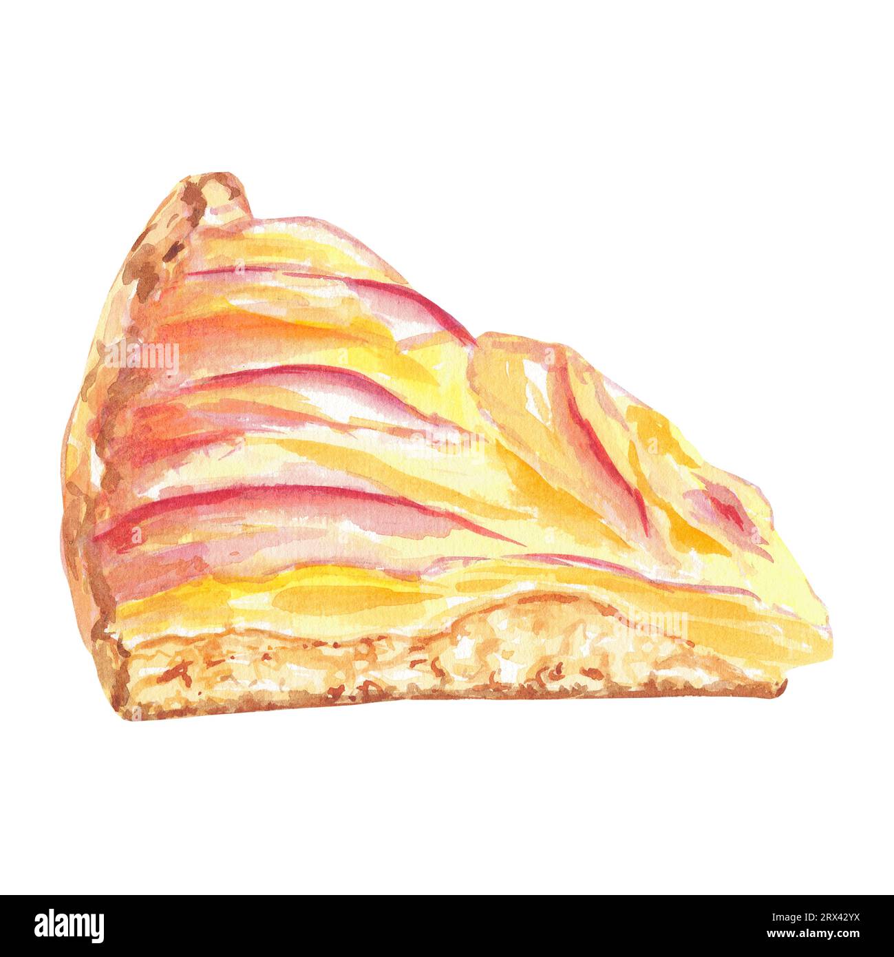 Aquarellapfelkuchen, Kuchen in Karamell und Nuss auf isolierter Illustration auf weißem Hintergrund. Herbstliches Dessert für Logo, Menü, Poster, Muster. Kunst Stockfoto