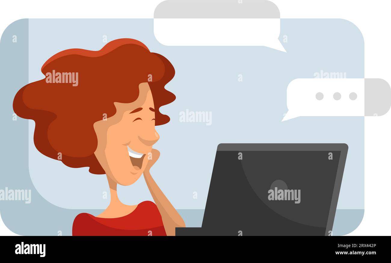 Mädchen chatet auf einem Computer, Illustration, Vektor auf weißem Hintergrund. Stock Vektor