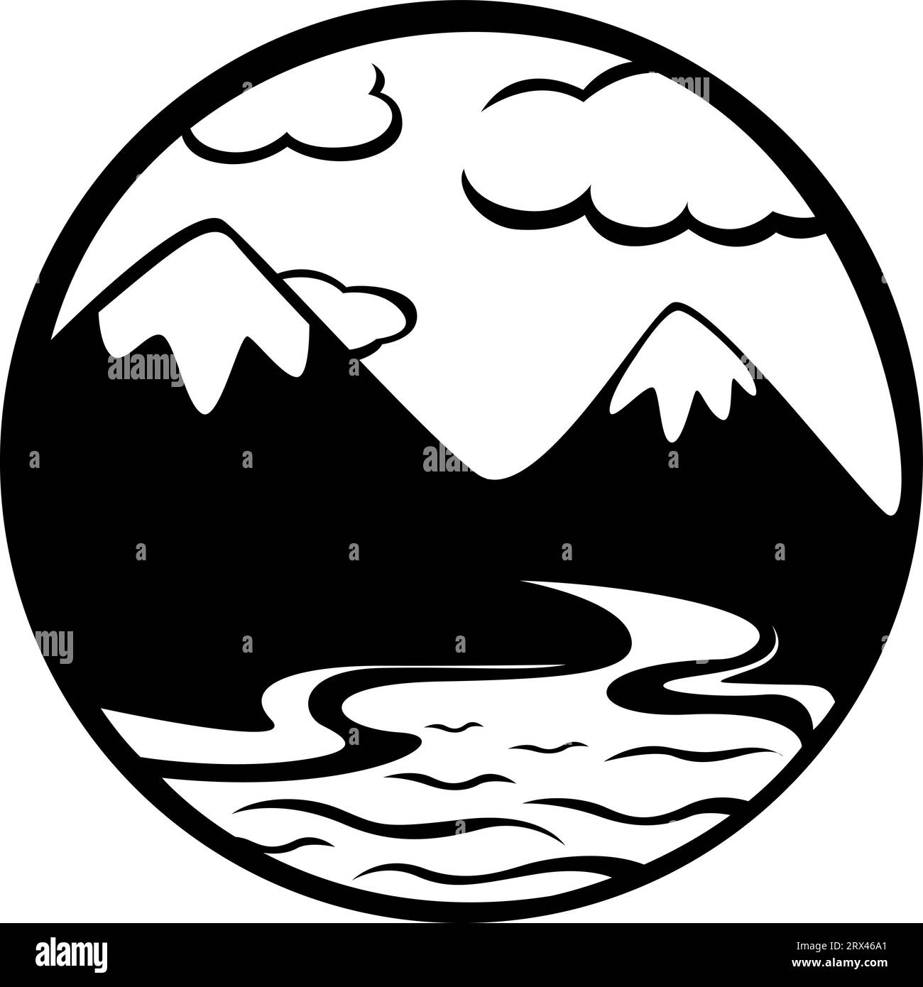 Fluss mit Berg-Tattoo, Tattoo-Illustration, Vektor auf weißem Hintergrund. Stock Vektor