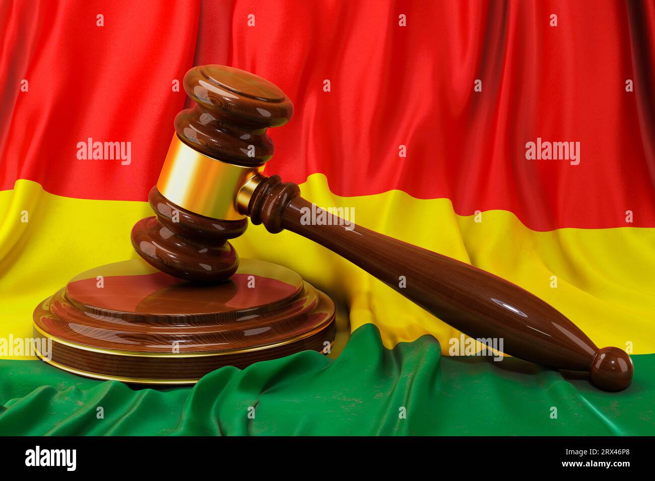 Bolivianisches Recht und Justizkonzept. Holzgabel auf bolivianischer Flagge, 3D-Rendering Stockfoto