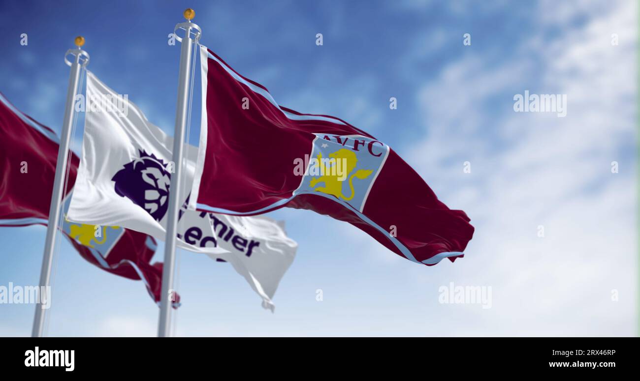 Birmingham, Großbritannien, Sept. 21. 2023: Die Flaggen der Aston Villa und der Premier League wehen an klaren Tagen. Flatterndes Material. Illustrativer Leitartikel 3D-Illustration r Stockfoto