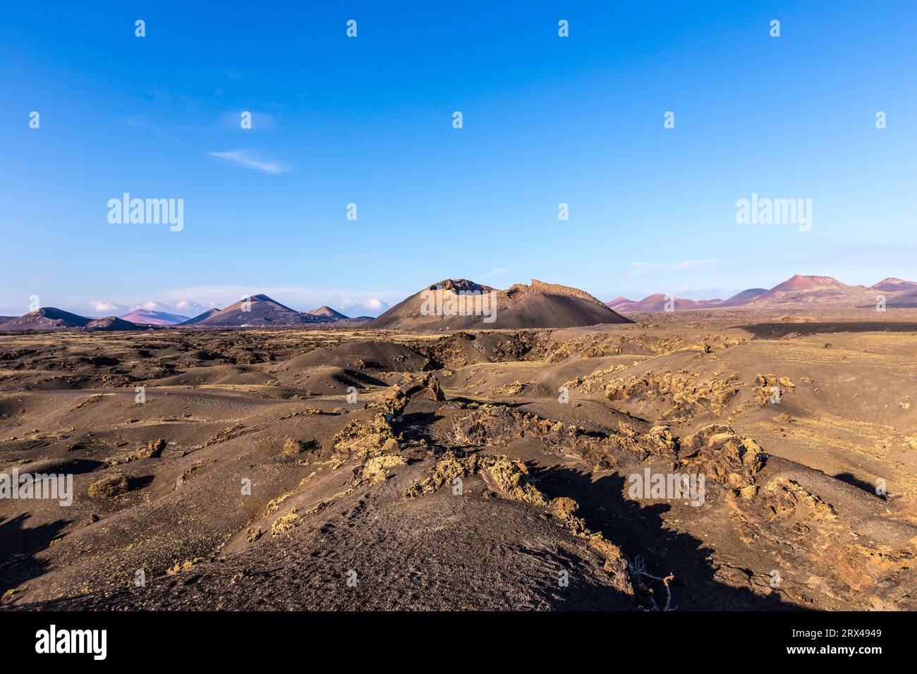 Vulkanische Bombe vor Vulkan Montana Colorada in Lanzarote, Kanarische Inseln, Spanien Stockfoto