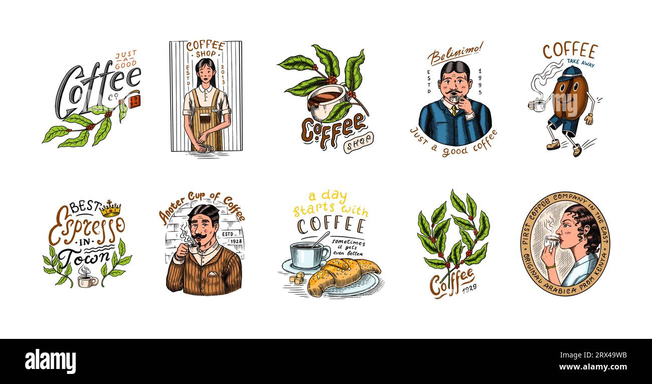 Set von Kaffee im Vintage-Stil. Frau und Mann mit einer Tasse Getränk. Vintage Badge oder Logo Set für T-Shirts, Typografie, Shop oder Schilder. Bohnen und Stock Vektor