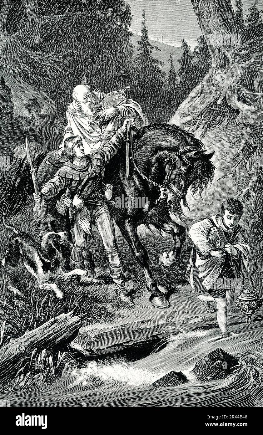 Rudolf von Habsburg (1218-1291) und Heiliger Priester. Rudolf, einer der berühmtesten römischen Kaiser, war auch in der Jugend sehr respektvoll gegenüber der Kirche. Einmal traf er in den wilden Gebirgspässen seines Hauses einen armen Priester, der gegen Wind und Sturm kämpfte, um das letzte Sakrament für einen sterbenden Bauern zu tragen. Rudolf löste sich, legte den Priester auf sein Pferd und führte ihn zu seinem Ziel. Er bestand darauf, dass der heilige Mann das Pferd als Geschenk behielt, und sagte, dass es, nachdem es einmal den Gesandten Gottes getragen hatte, niemals für einen geringeren Zweck verwendet werden könne. Rudolf I. war der erste König von Deutschland Stockfoto