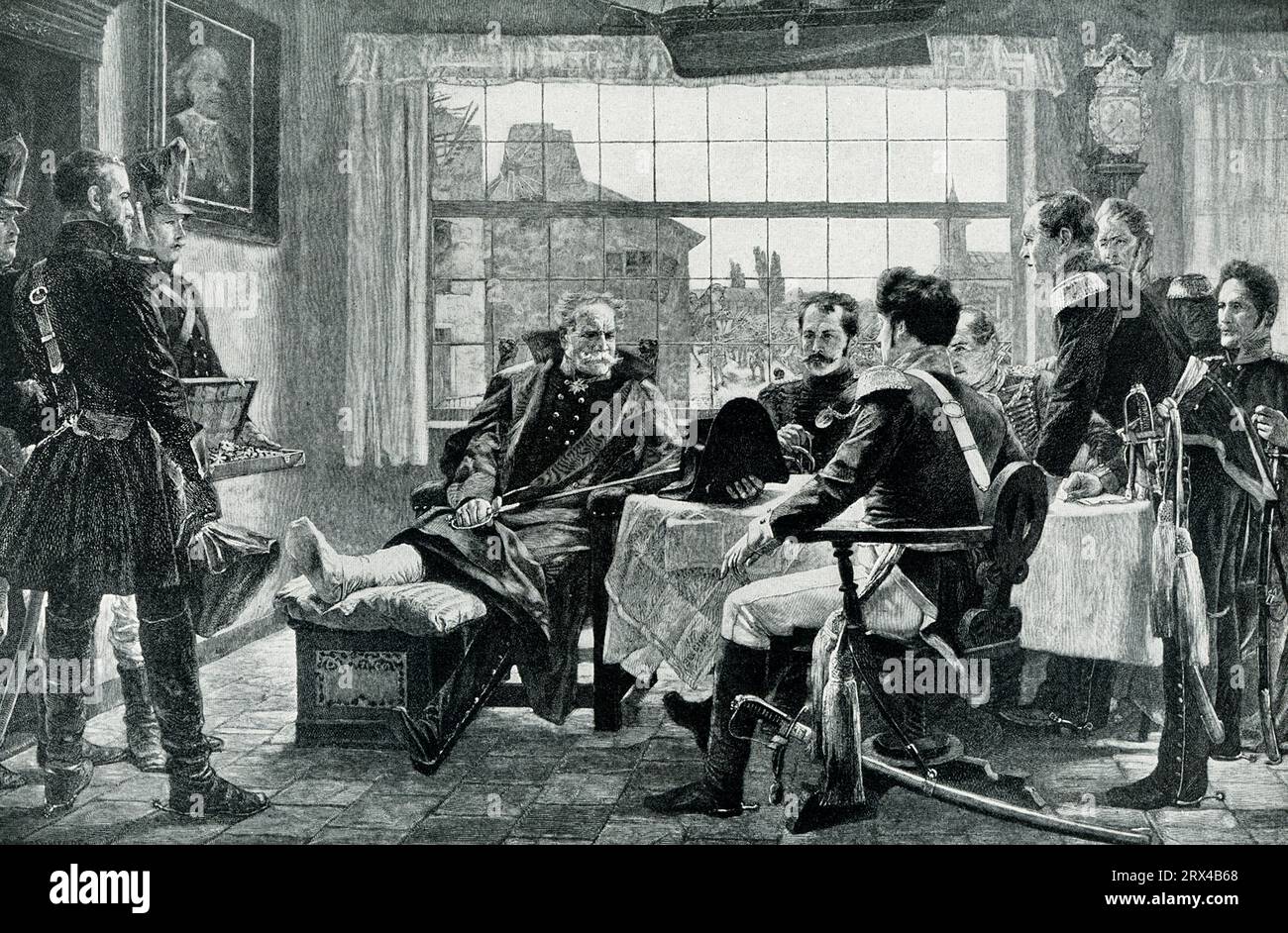 Blucher erhielt Napoleons Hut und Schwert (1815). Dieses Bild stellt den endgültigen Untergang Napoleons und die triumphale Rache der Preußen für seine Behandlung ihrer geliebten Königin Louise dar. General Blucher wandte mit der preußischen Armee die Flut gegen Napoleon in seinem letzten verzweifelten Kampf bei Waterloo und führte die Verfolgung nach der Schlacht an. Napoleons Kutsche wurde nur einen Moment nach seiner Abreise gefangen genommen, und sein verlassener Hut und Schwert mit seinem Stockfoto