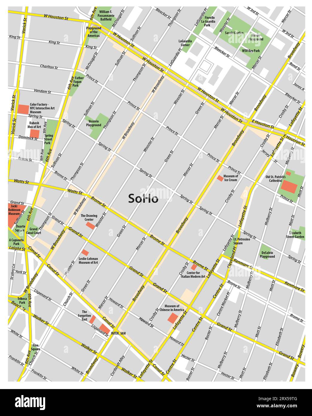 Straßenkarte des New Yorker Viertels SoHo, Lower Manhattan, New York City Stockfoto