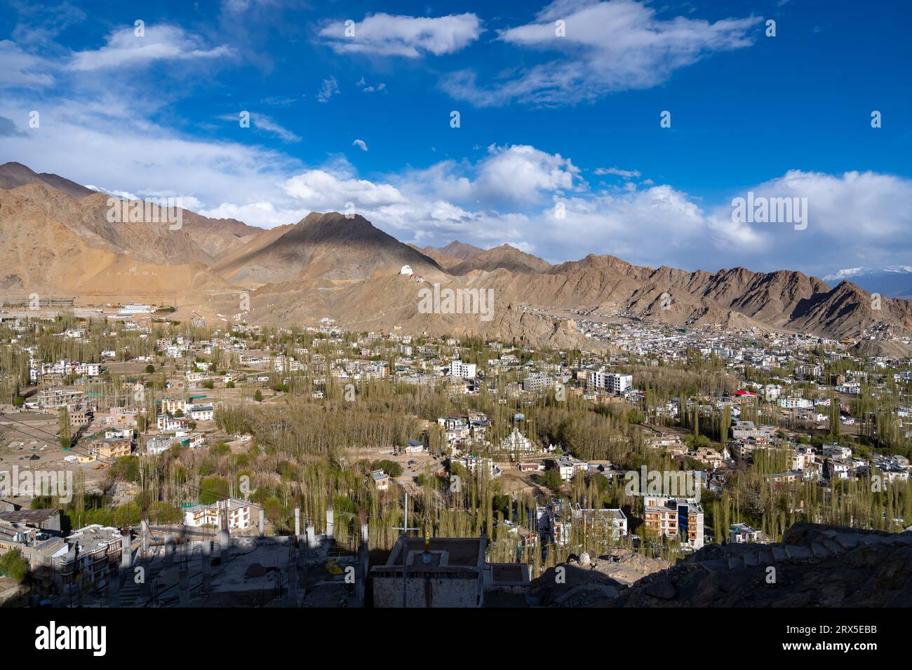 Die ikonische Stadt Leh in Indien, umgeben von Bergen und Schnee die ganze Zeit mit Grün im Sommer. Stockfoto