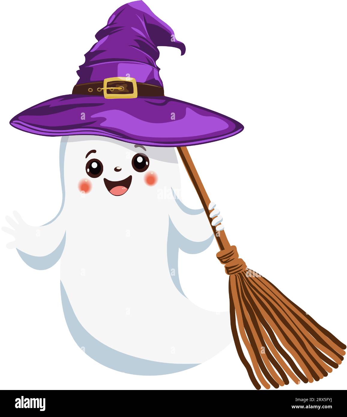 Halloween-Geist in einem Hexenhut und mit einem Besen in der Hand. Gruseliger Comic-Geist. Traditionelles Symbol und Designelement für Halloween-Feiern Stock Vektor