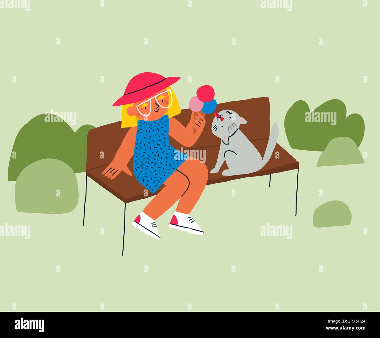 Niedliche Kinderillustration mit einem kleinen Mädchen, das Eis im Park mit der Katze isst. Bilderbuch-Illustration im Zeichentrickstil. Vektorillustration Stock Vektor