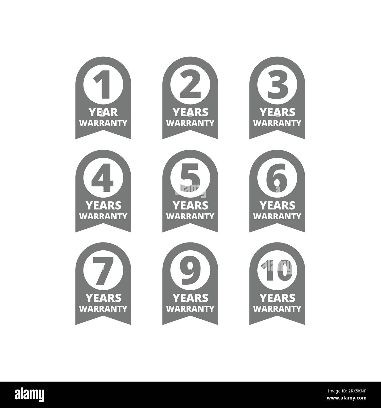 Jahr oder Jahre Garantie Vektor Etikettensatz. 1,3,5 Schilder für Garantieschutzschilder. Stock Vektor