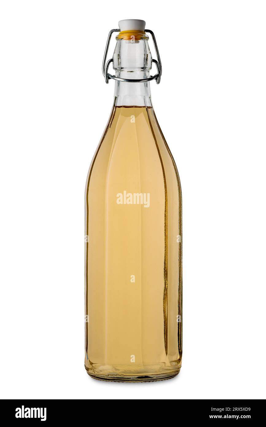 Weißweinglasflasche mit luftdichtem Verschluss mit Schnappverschluss, isoliert auf weißem Clippfad. Bulk-Wein Stockfoto