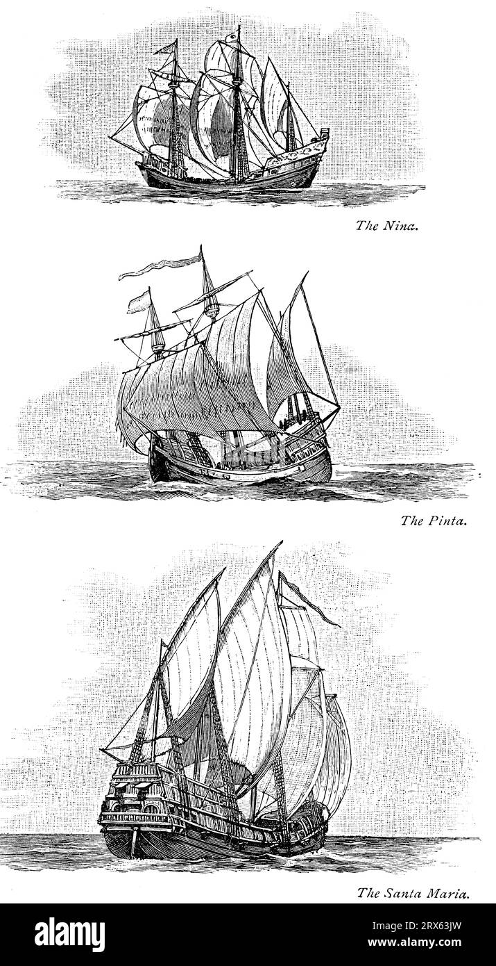 Die Schiffe von Columbus, 1902. Christoph Kolumbus (1451–1506) nutzte 1492 drei Schiffe auf seiner ersten Fahrt über den Atlantik. Es handelte sich dabei um die Carrack La Santa María und die Caravels La Niña und La Pinta. Stockfoto