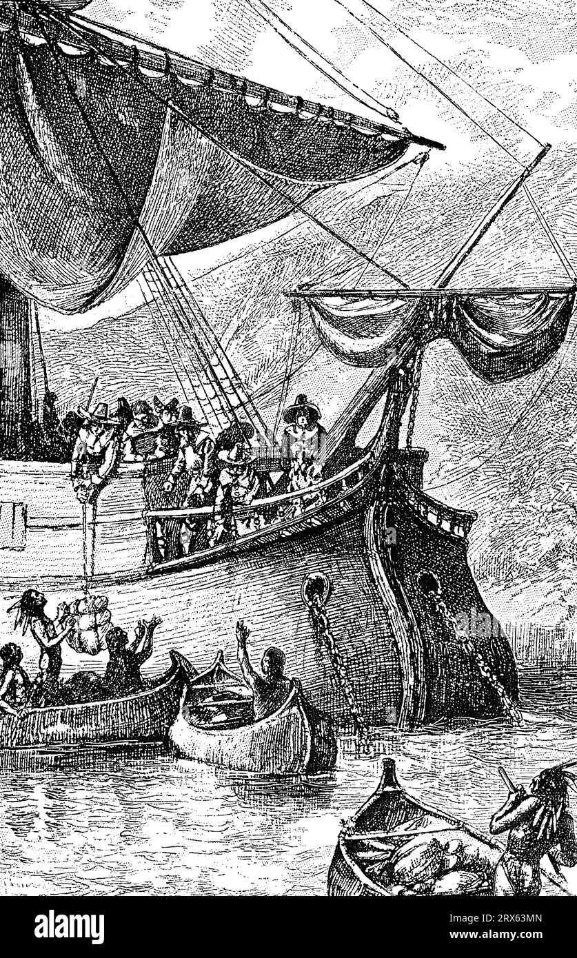 Die Halve Maen am Hudson River, 1609. Henry Hudson (c1565–c1611) war ein englischer Seefahrer und Seefahrer. 1609 landete Hudson im Auftrag der Niederländischen Ostindien-Kompanie in Nordamerika und erkundete die Region um die heutige Metropolregion New York. Auf der Suche nach einer Nordwestpassage nach Asien auf seinem Schiff Halve Maen („Half Moon“) segelte er den Hudson River hinauf, der später nach ihm benannt wurde. Seine Reisen trugen dazu bei, europäische Kontakte zu den Ureinwohnern Nordamerikas herzustellen und zur Entwicklung von Handel und Handel beizutragen. Stockfoto