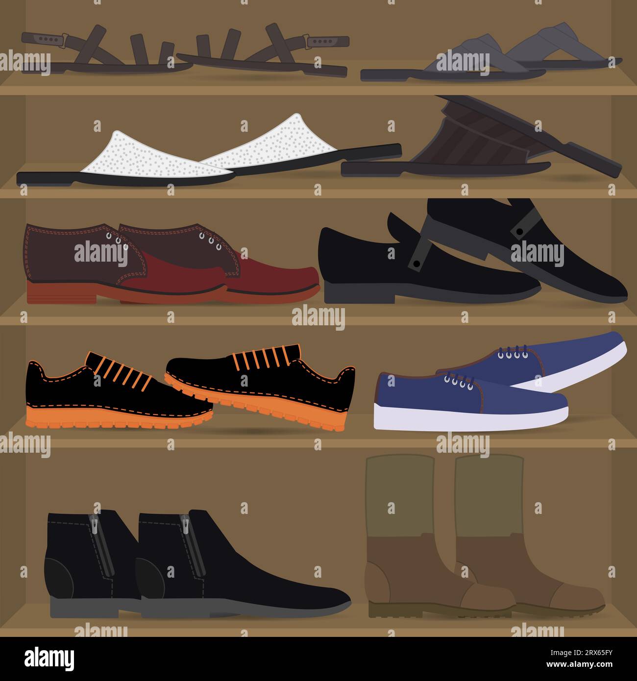 Set verstreuter Herrenschuhe in den Regalen. Verschiedene Arten von Herrenschuhen. Chaos und Chaos im Schrank auf den Regalen und Regalen. Stock Vektor