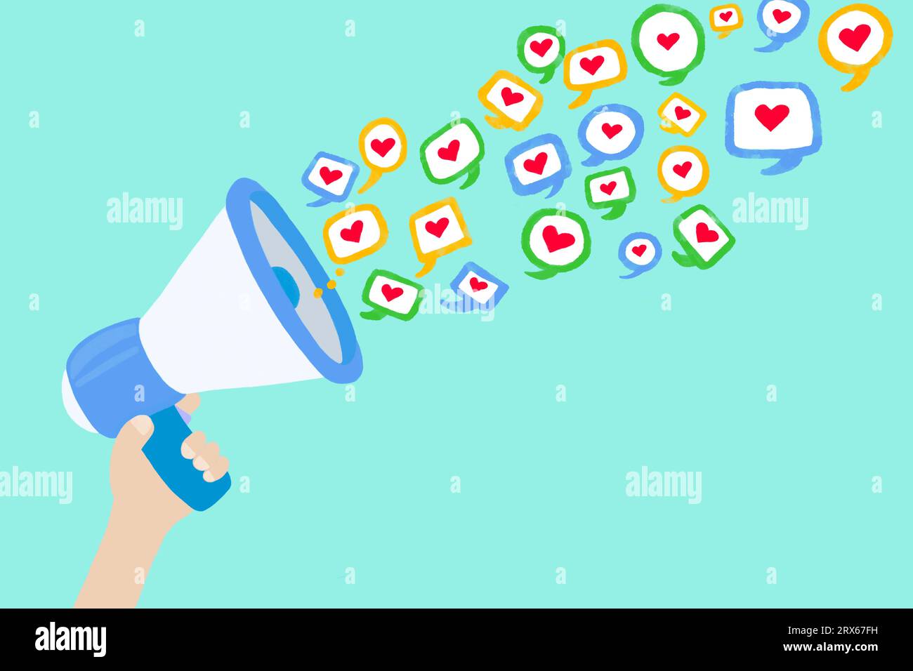 Abbildung: Hand hält Megaphon und spuckt herzförmige Symbole in sozialen Medien Stockfoto