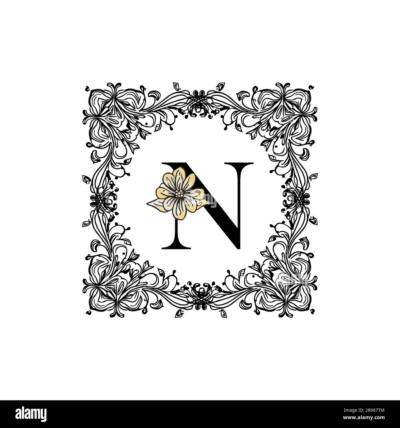 N floraler Buchstabe, N im floralen Rahmen, floraler Rahmen Stock Vektor