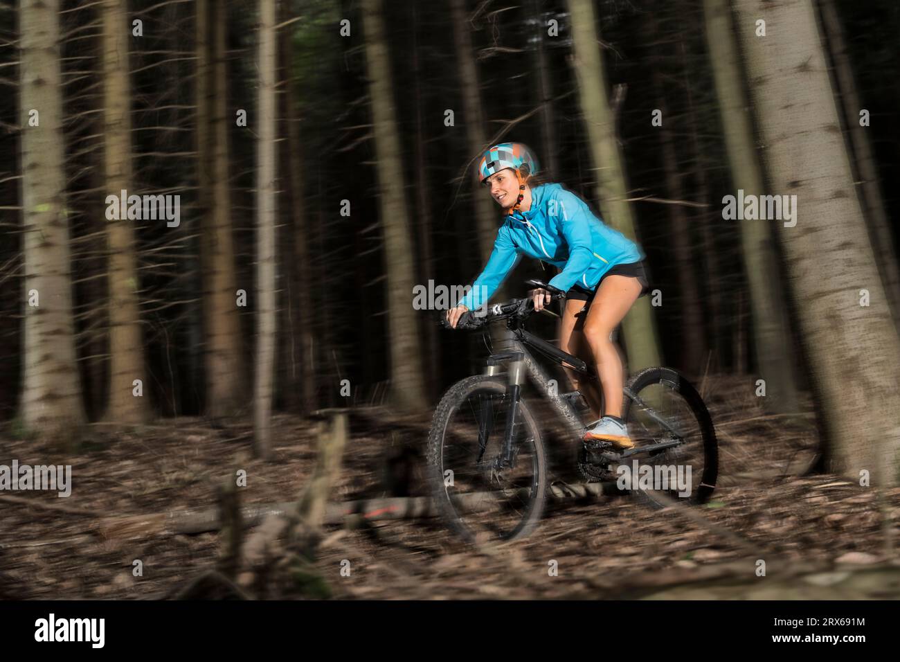 Junge Frau, die mit dem Mountainbike durch den Wald fährt Stockfoto