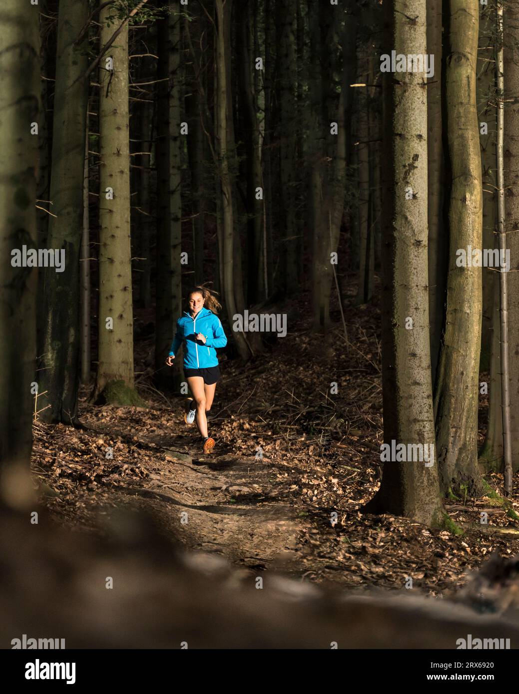 Junge Sportlerin läuft in der Dämmerung im Wald Stockfoto