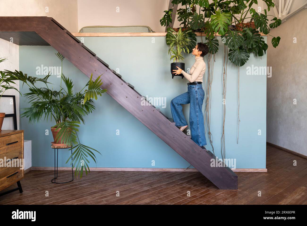Frau, die Pflanze hält und auf der Treppe hochgeht Stockfoto