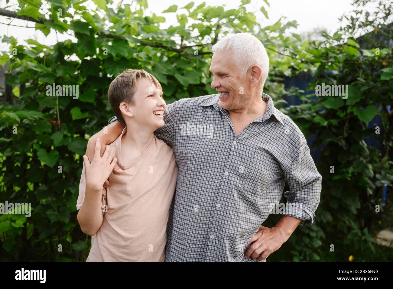 Glücklicher Großvater, der mit Enkel vor Pflanzen im Garten steht Stockfoto