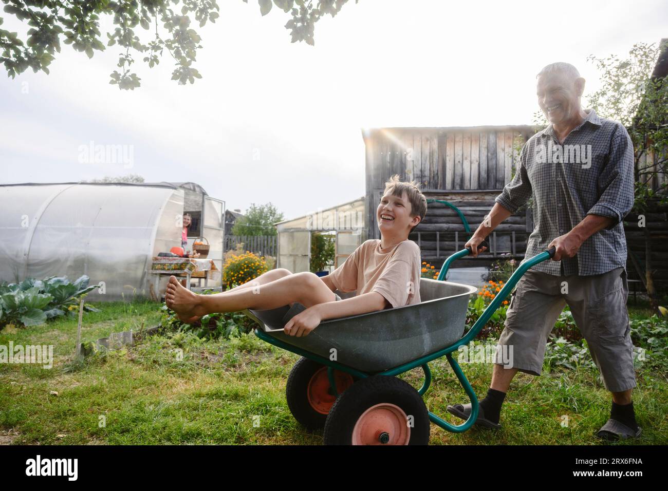 Lächelnder Großvater, der Enkel auf Schubkarre im Garten reitet Stockfoto
