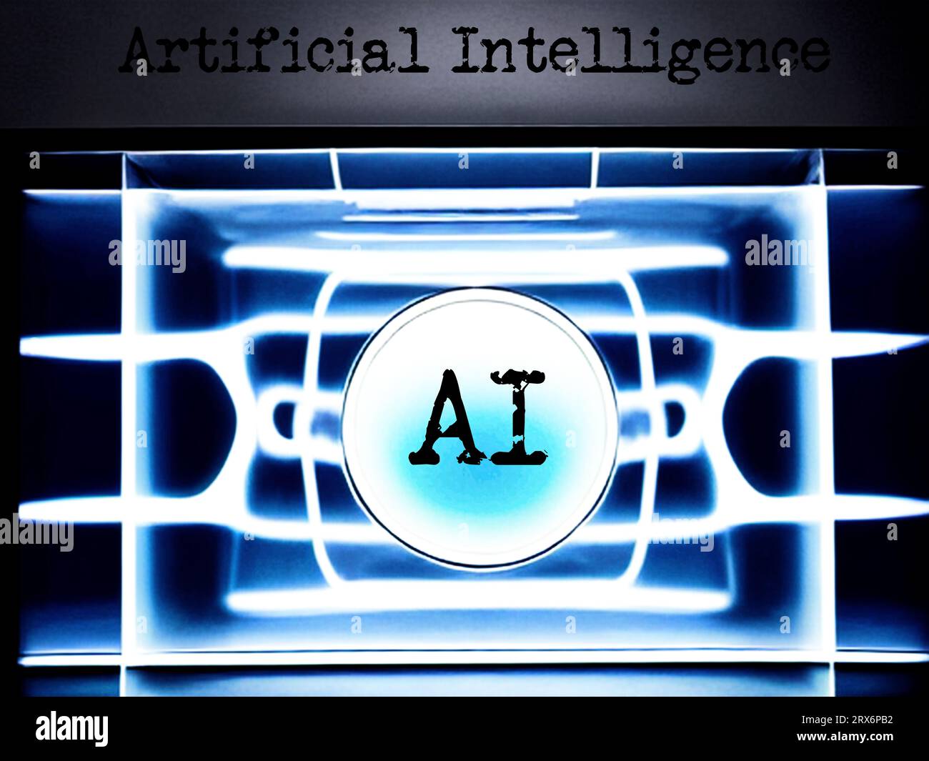 Textnachricht – Künstliche Intelligenz. Text, der mit einem Vintage-Typ geschrieben wurde. Futuristische Präsentation neuer Technologien in Form eines Logos Stockfoto