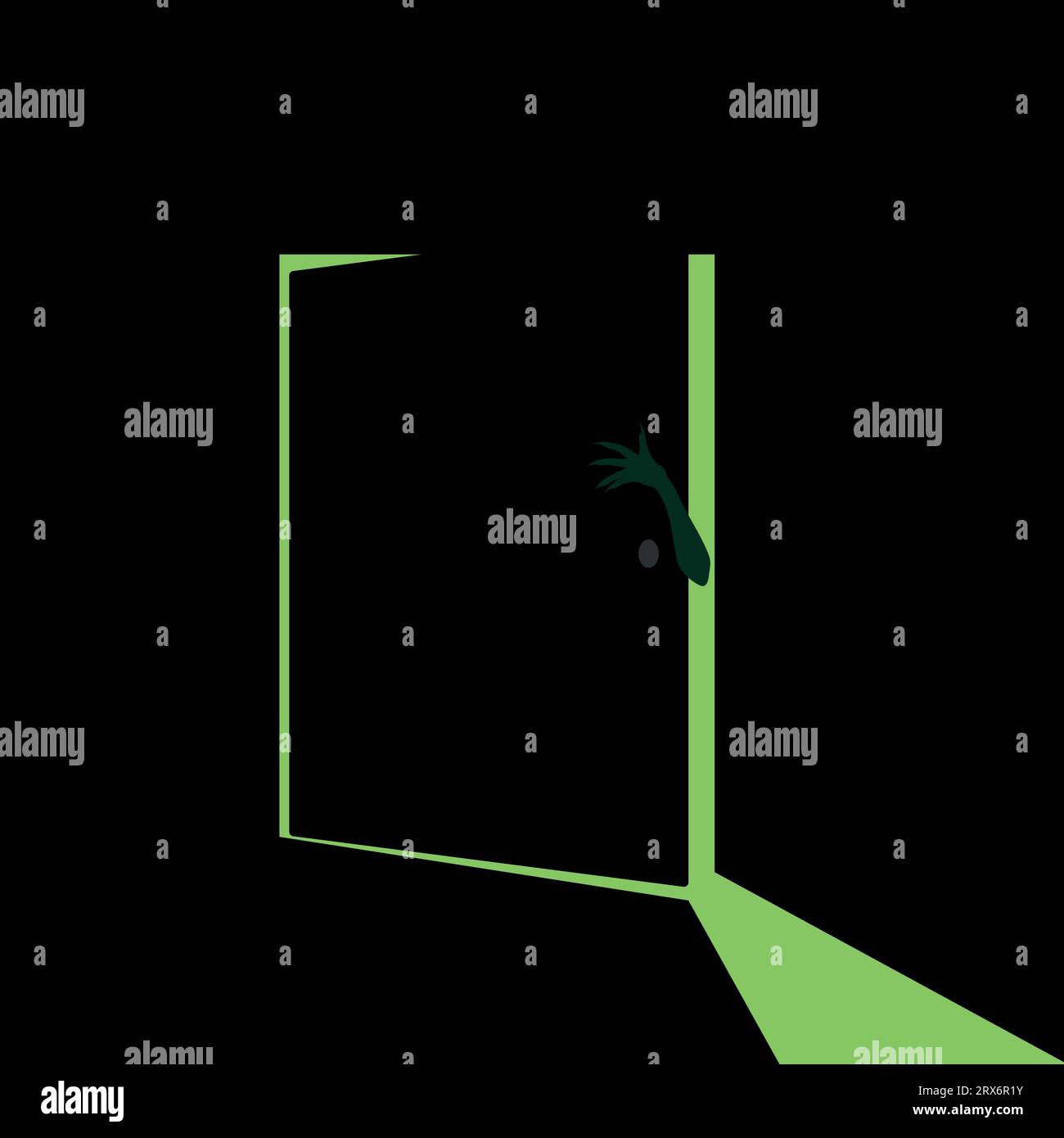 Öffne die Tür mit einer unheimlichen Monsterhand. Vektorillustration Stock Vektor