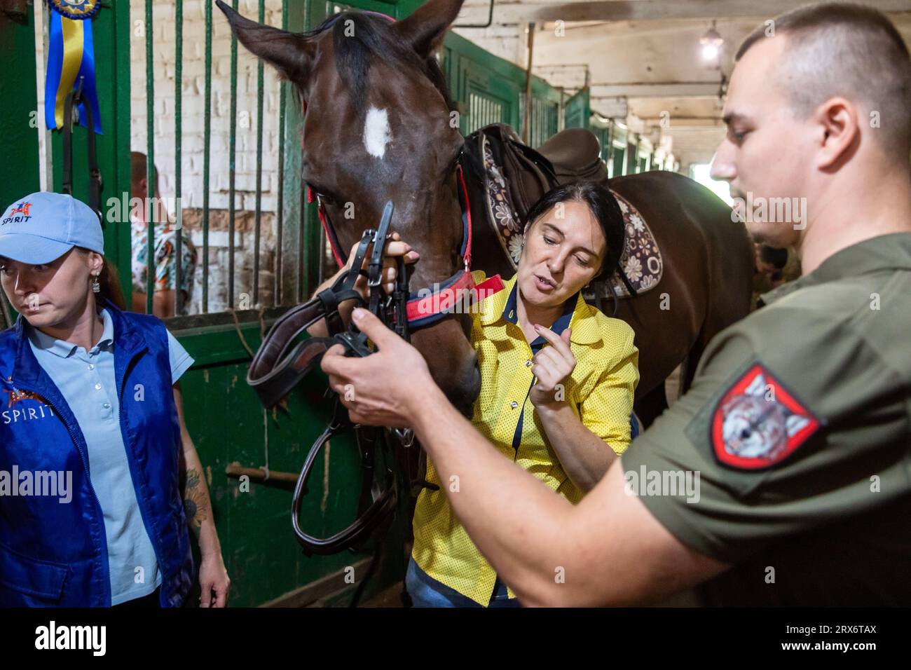 Kiew, Ukraine. August 2023. Hippotherapie für ukrainische Soldaten, die sich in Kampfzonen in Kiew befanden. Soldaten der ukrainischen Streitkräfte unterziehen sich einer Hippotherapie wegen posttraumatischer Belastungsstörung, die aus militärischen Operationen resultiert. Nach Ruhe und Rehabilitation kehren die Soldaten in die Kriegszone zurück. Die Hippotherapie oder pferdeunterstützte Therapie ist eine wirksame Methode der Rehabilitation mit Pferden. Es wurde vom Gesundheitsministerium der Ukraine anerkannt und ist in den Behandlungsprotokollen enthalten. Quelle: SOPA Images Limited/Alamy Live News Stockfoto