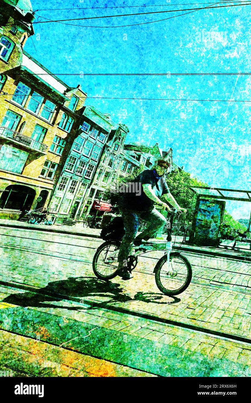 Surreales, psychedelisch strukturiertes Bild der Straßenfotografie eines fahrenden Mannes Stockfoto