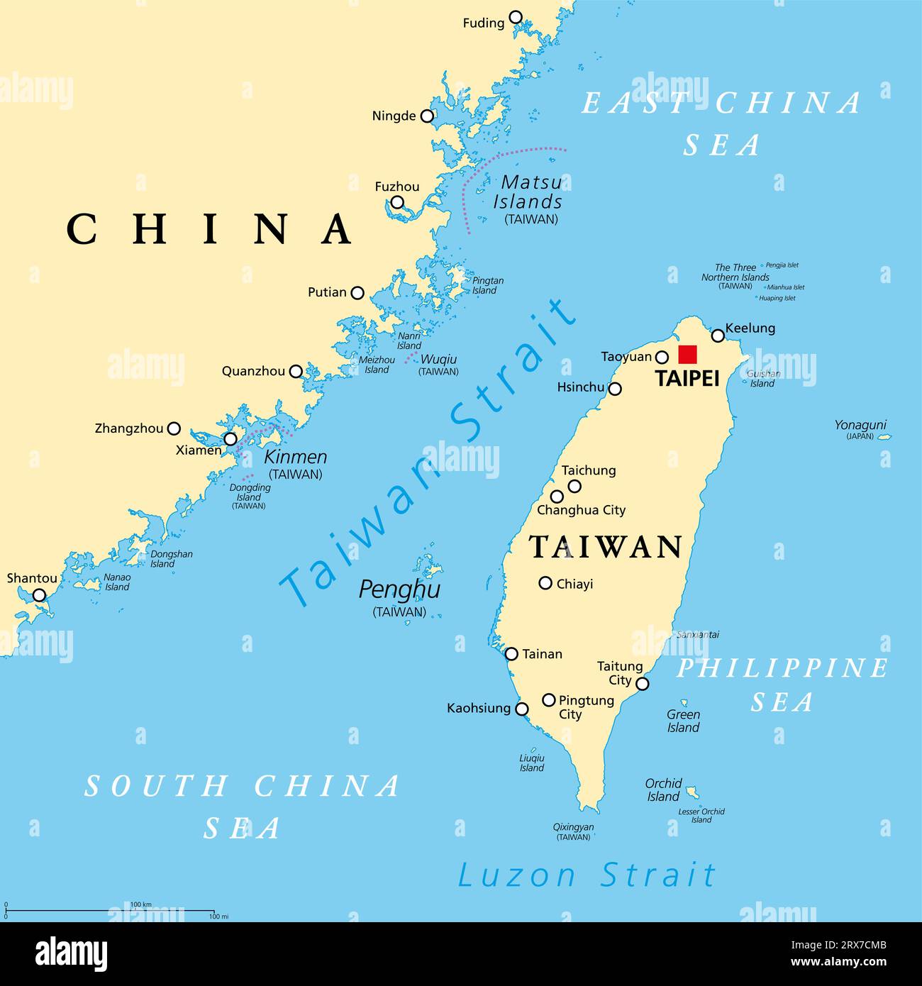 Taiwan Strait, politische Landkarte. Wichtige Wasserstraßen und umstrittene internationale Gewässer, die die Insel Taiwan und Kontinentalasien trennen. Stockfoto