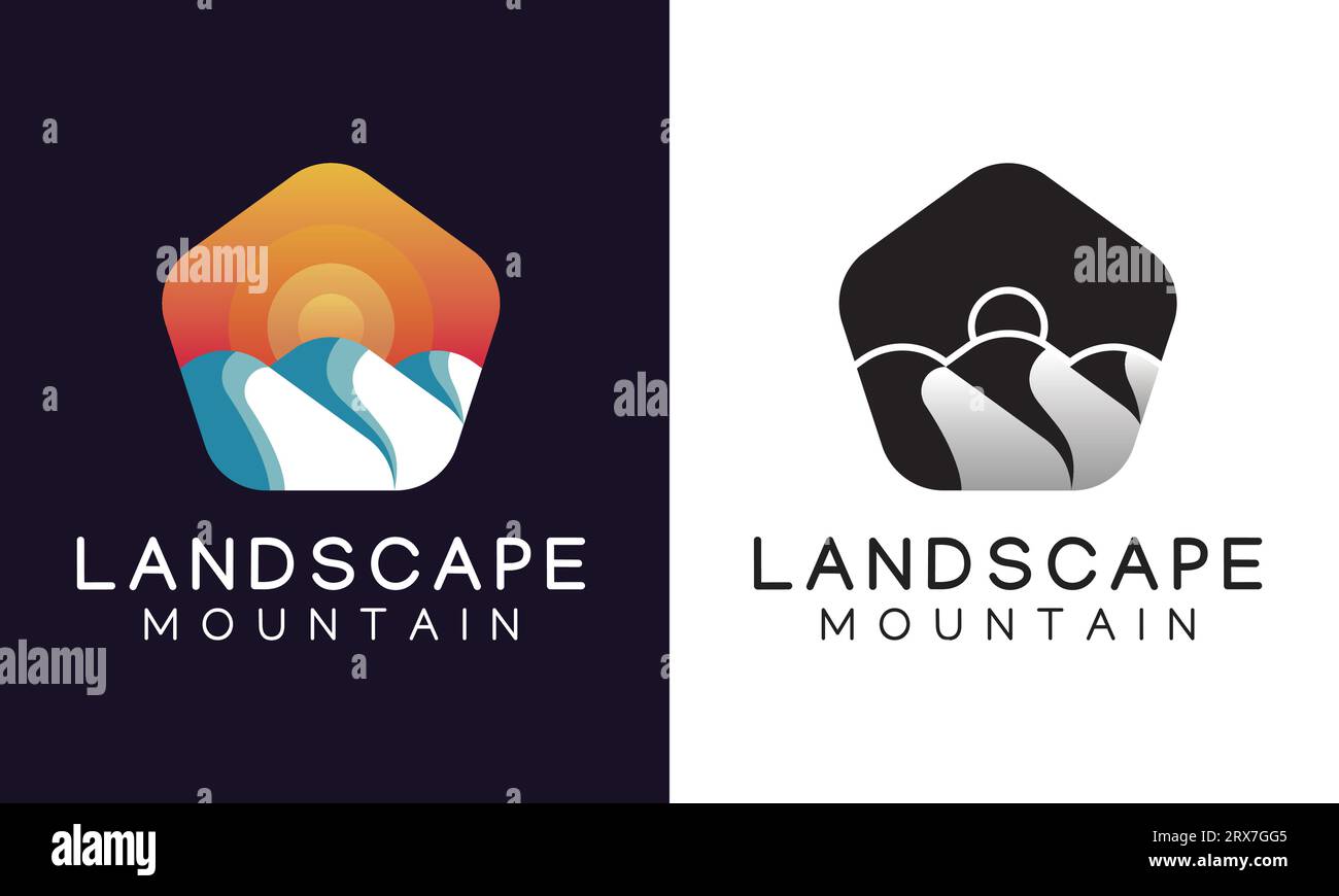 Landschaftsberg Logo Design Bergabzeichen Logotyp Abenteuer Vorlage 3D Stock Vektor