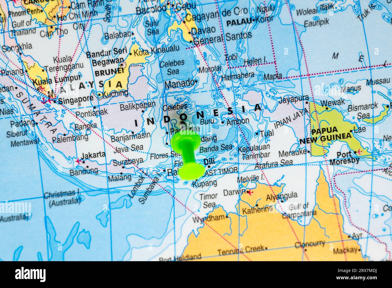 Dieses Stockbild zeigt den Standort Indonesiens auf einer Weltkarte Stockfoto