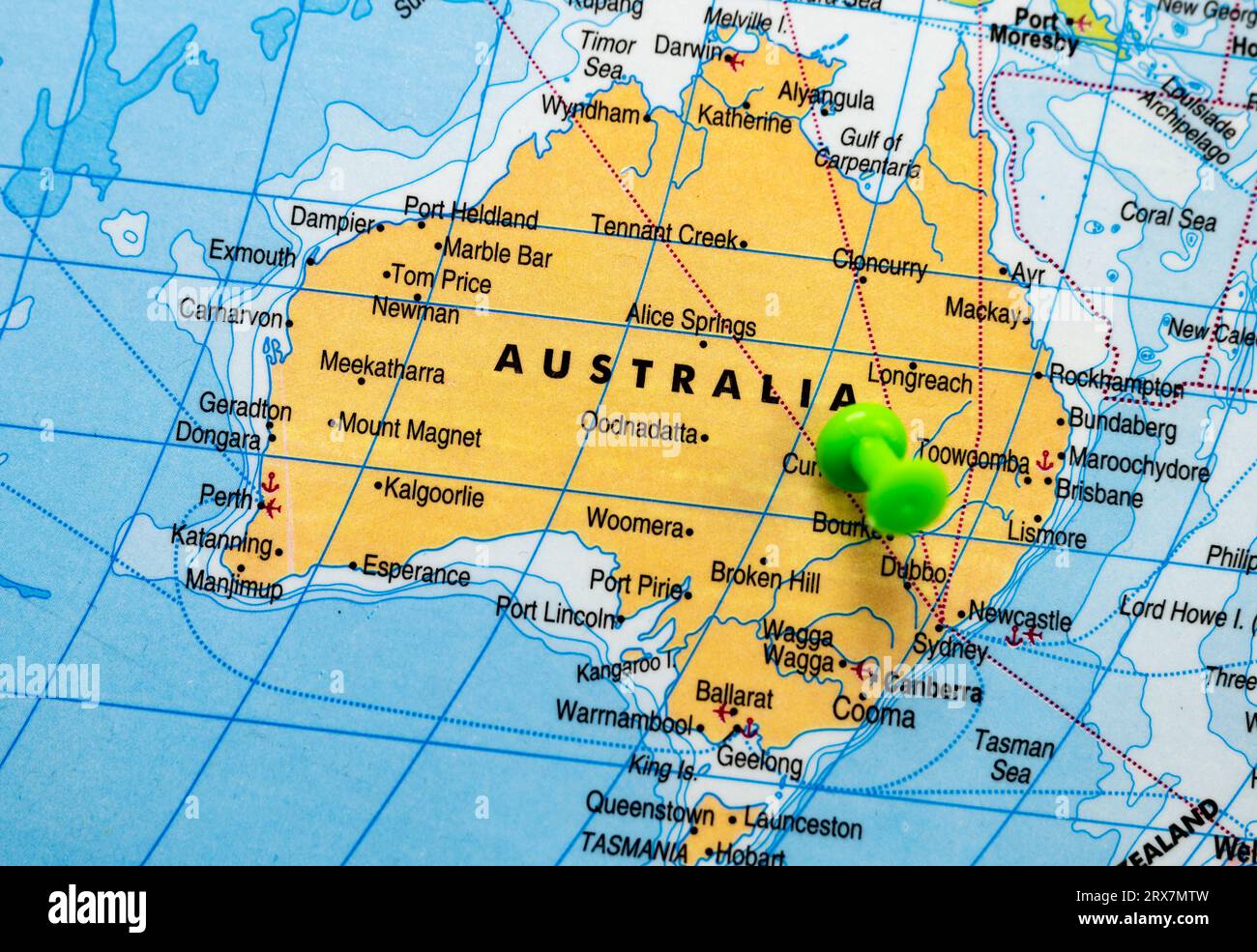 Dieses Stockbild zeigt den Standort Australiens auf einer Weltkarte Stockfoto