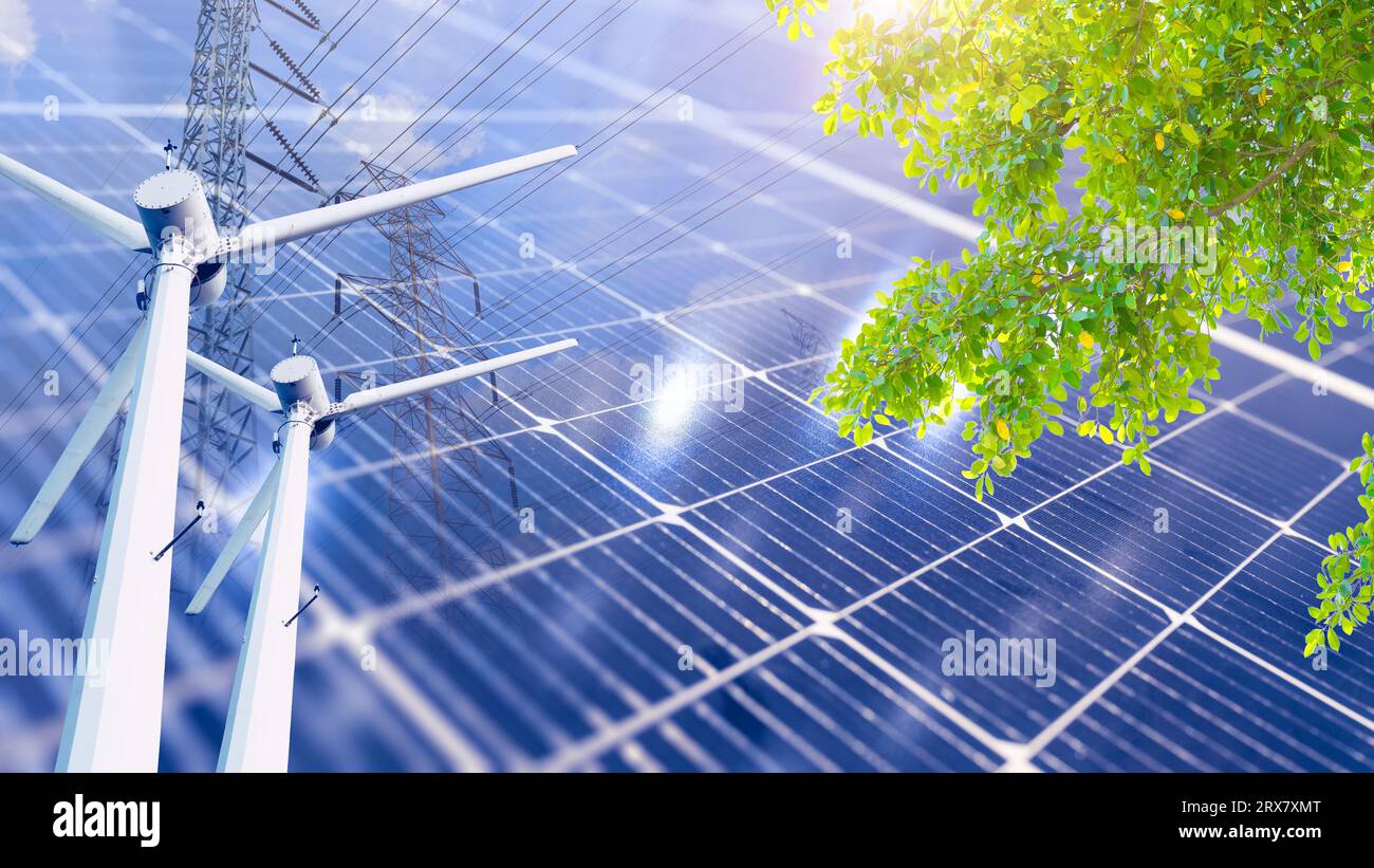 Umweltfreundliches, kohlenstofffreies und nachhaltiges Technologiekonzept zur Energieerzeugung. Sonnenkollektoren überlagern Windkraftanlage und Stromleitung mit grünem Pflanzenbaum Stockfoto