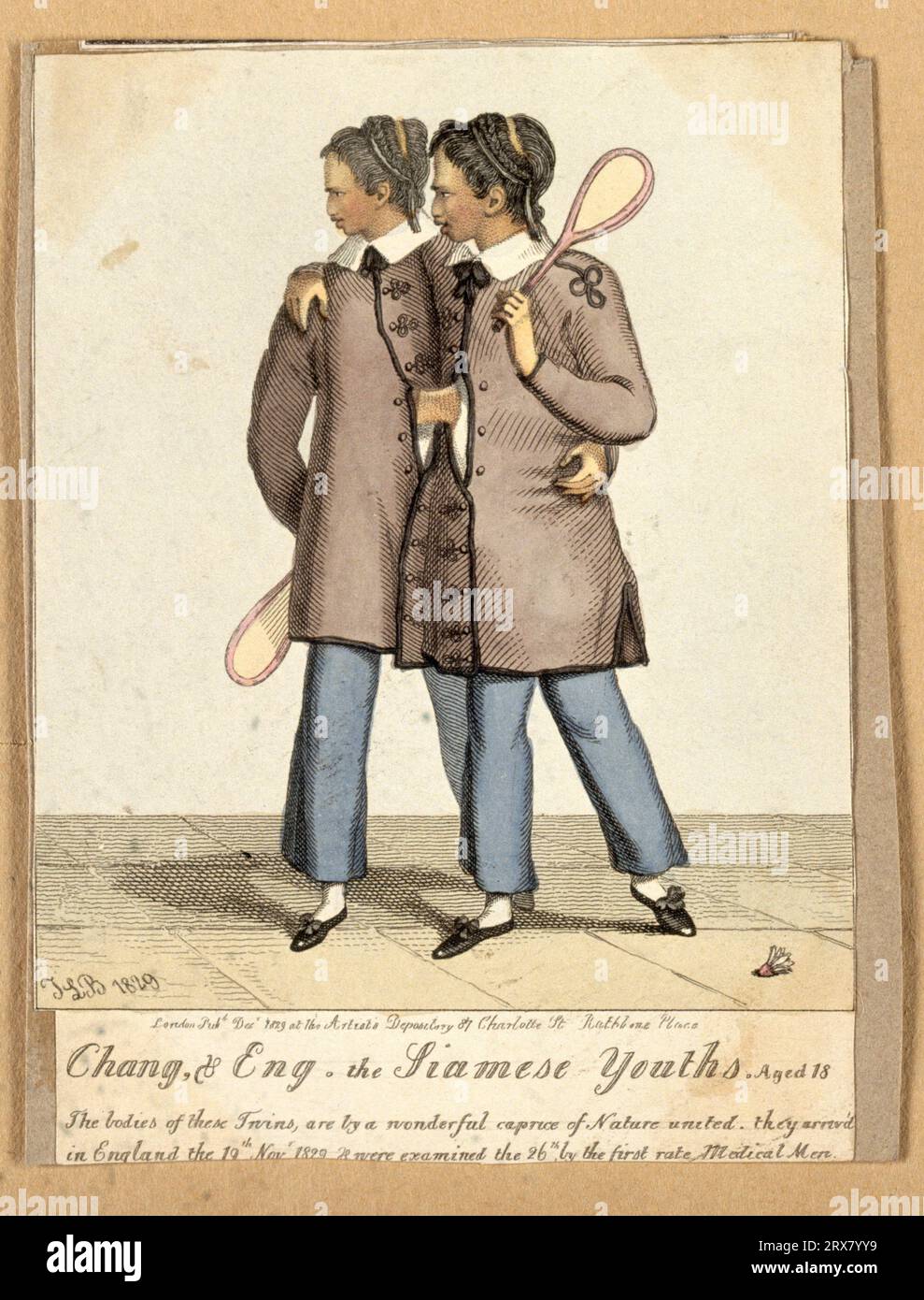 Chang und eng die siamesischen Zwillinge, 1811 – 1874, 18 Jahre alt, mit Badmintonschlägern, farbiger Gravur 1829 Stockfoto