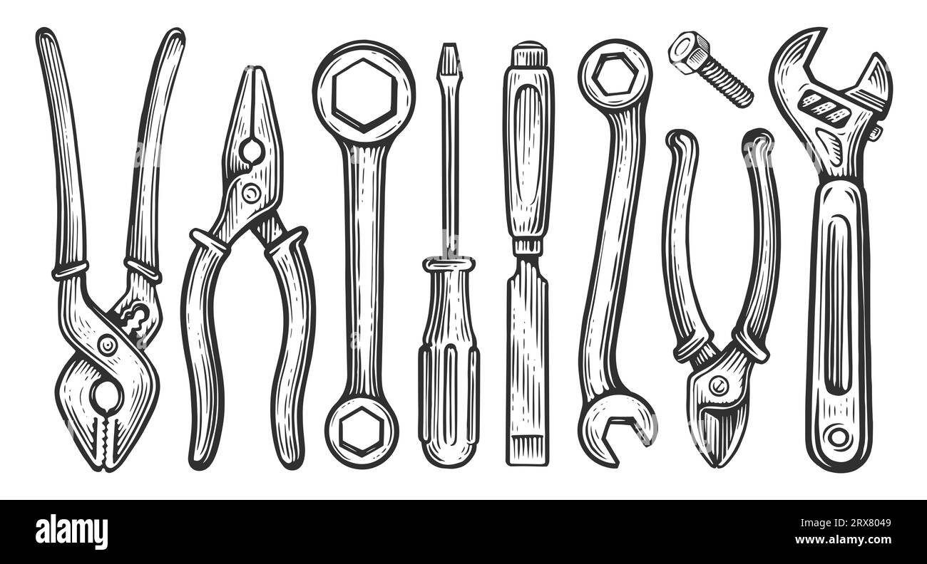 Satz Handarbeitsgeräte. Baumaschinen für oder Reparaturarbeiten. Handgezeichnete Skizzenzeichnung Stockfoto