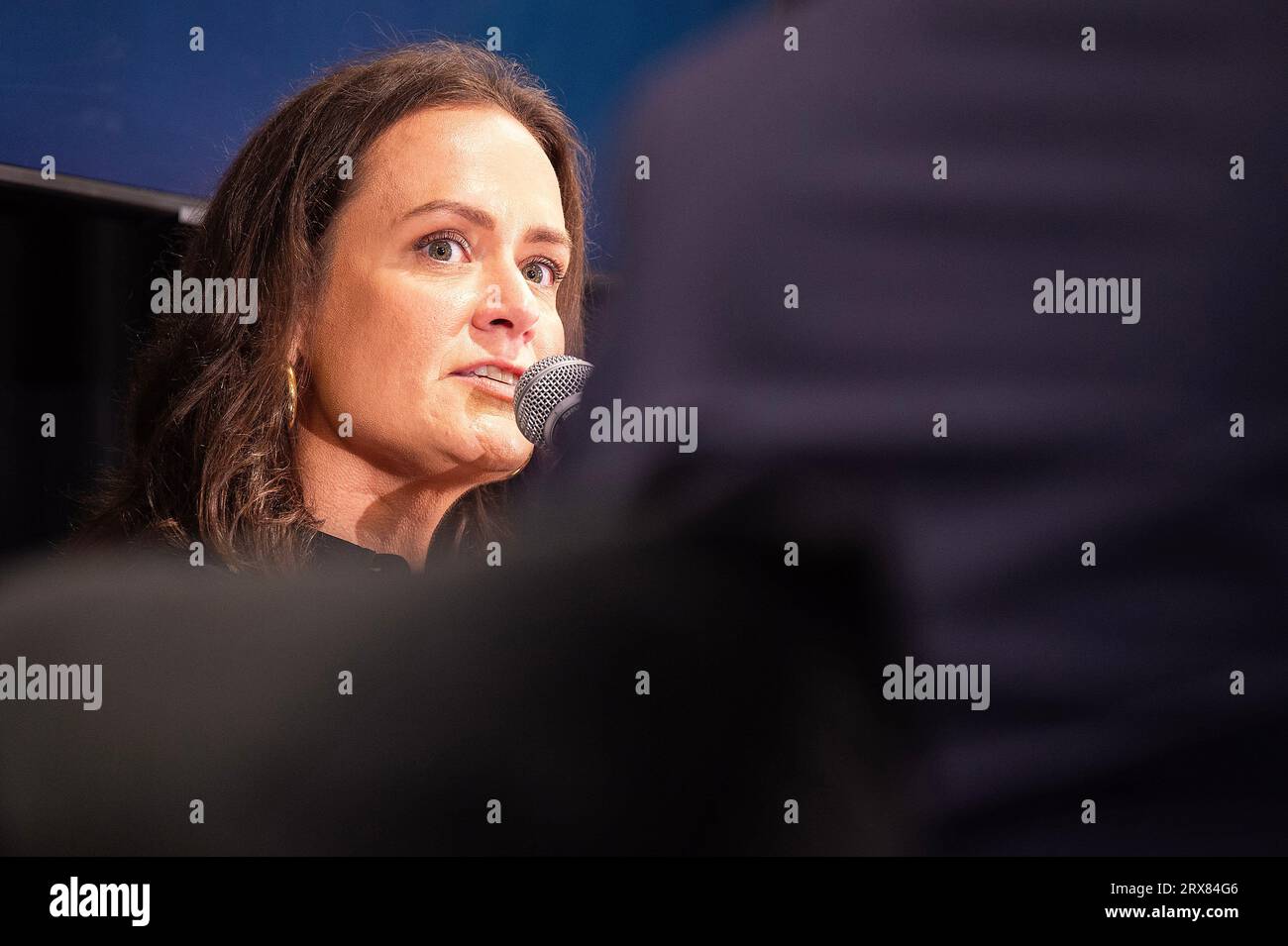 23. September 2023: Erin Epley spricht beim Texas Tribune Festival über den Fall, den sie im senat gemacht haben, Ken Paxton Impeachment Trial. Omni Austin Hotel Downtown. Austin, Texas. Mario Cantu/CSM (Bild: © Mario Cantu/Cal Sport Media) Stockfoto