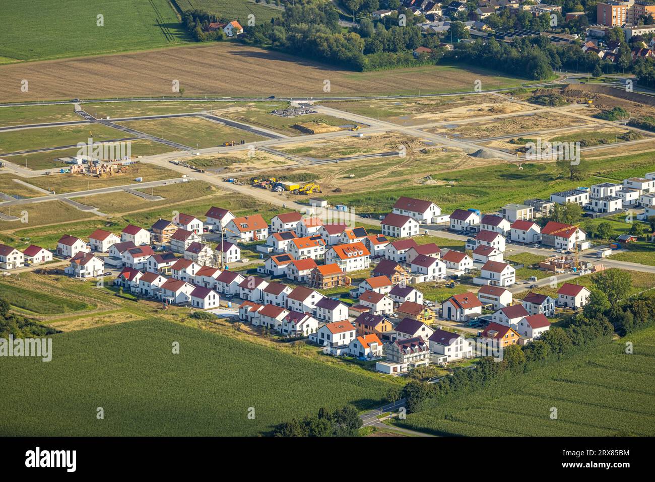 Luftaufnahme, Baustelle neues Wohnquartier neuer Soester Norden, zwischen Oestinghauser Landstraße und Weslarner Weg, Walburger, Soest, Soe Stockfoto